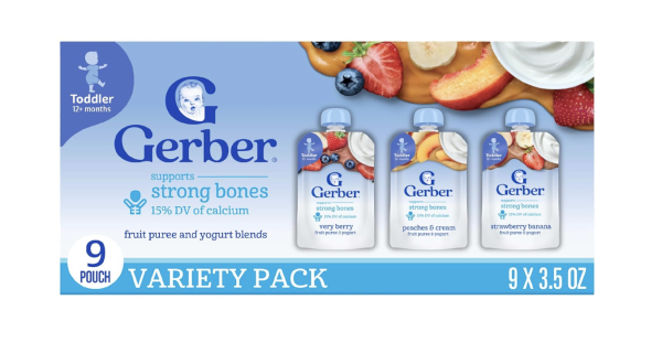 Gerber Baby Food Pouches, Very Berry (3), Peaches & Cream (2), Strawberry Banana (2), Value Pack, Fruit and Yogurt, Toddler, (3.5 oz each), (Pack of 9)